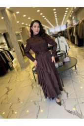 MY312-ŞİFON DETAYLI JAKAR ELBİSE KAHVE