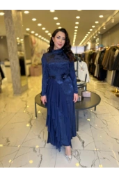 MY312-ŞİFON DETAYLI JAKAR ELBİSE LACİVERT