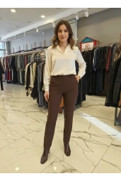 MODİVA-BELİ LASTİKLİ KALEM PANTOLON KAHVE