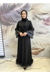 GAZELLA-TÜL DETAYLI ETEKLİ TAKIM SİYAH