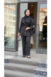 MATEKS-CEKETİ PUL DETAYLI PANTOLONLU TAKIM SİYAH