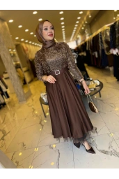 MATEKS-PUL PAYETLİ ELBİSE KAHVE