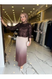 MATEKS-ETEĞİ PLİSELİ PAYETLİ TAKIM KAHVE