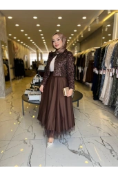 MATEKS-PAYETLİ CEKET ETEKLİ TAKIM KAHVE