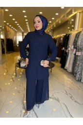 PERİ-ŞİFON TAŞLI PATOLONLU TAKIM LACİVERT