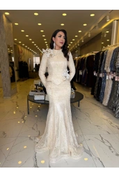GAMZE ÖZKUL-GÜL DETAYLI ABİYE ELBİSE BEJ