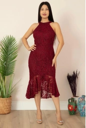 ESPENİCA-SİMLİ HALTER YAKA ELBİSE BORDO