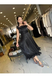 ESPENİCA-VOLAN DETAYLI MİNİ ELBİSE SİYAH