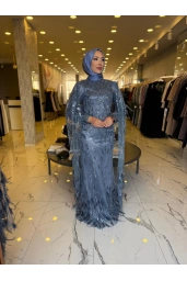 GM8066-KUŞ TÜYLÜ ABİYE İNDİGO