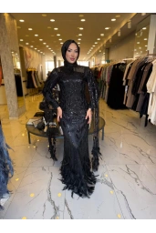 GM8066-KUŞ TÜYLÜ ABİYE SİYAH