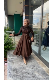MATEKS-PUL PAYETLİ ELBİSE KAHVE