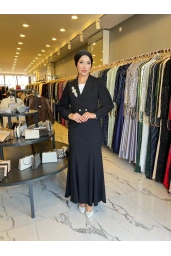 MATEKS-YAKASI TAŞLI BALIK ELBİSE SİYAH