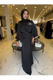 MT1099-OMUZU GÜL DETAYLI ELBİSE SİYAH