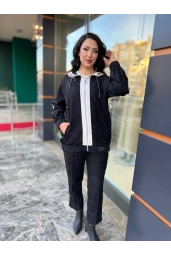 MY312-KAPŞONU TAŞLI DANTELLİ TAKIM SİYAH