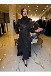 MY312-OMUZU İŞLEMELİ JAKAR ELBİSE SİYAH