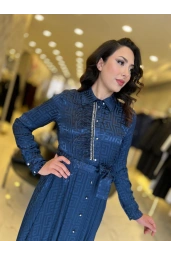 MY312-ÖNÜ TAŞLI JAKAR ELBİSE LACİVERT
