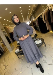 NİLİWİ-ETEK UCU FIRFIRLI ELBİSE ANTRASİT