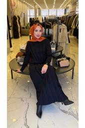 NİLİWİ-KALIN PİLİSELİ ELBİSE SİYAH