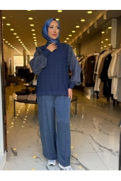 NİLİWİ-KOL EVİ KARE KESİMLİ FIRFIRLI TUNİK LACİVERT