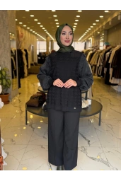 NİLİWİ-KOL EVİ KARE KESİMLİ FIRFIRLI TUNİK SİYAH