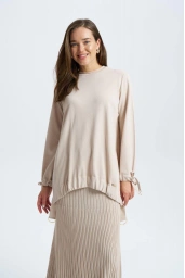 NİLİWİ-ÖN ETEĞİ BÜZGÜLÜ TUNİK BEJ