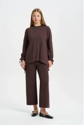 NİLİWİ-ÖN ETEĞİ BÜZGÜLÜ TUNİK KAHVE