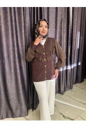 NİLİWİ-V YAKA FIRFIRLI HIRKA KAHVE