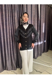 NİLİWİ-V YAKA FIRFIRLI HIRKA SİYAH