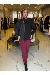 NİLİWİ-YARISI KUMAŞ ZİNCİRLİ YARASA BLUZ SİYAH