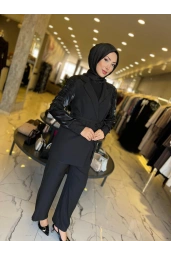 PERİ-OMZU BONCUK DETAYLI TAKIM SİYAH