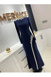 TUAY-ETEĞİ TAŞLI KREP ELBİSE LACİVERT