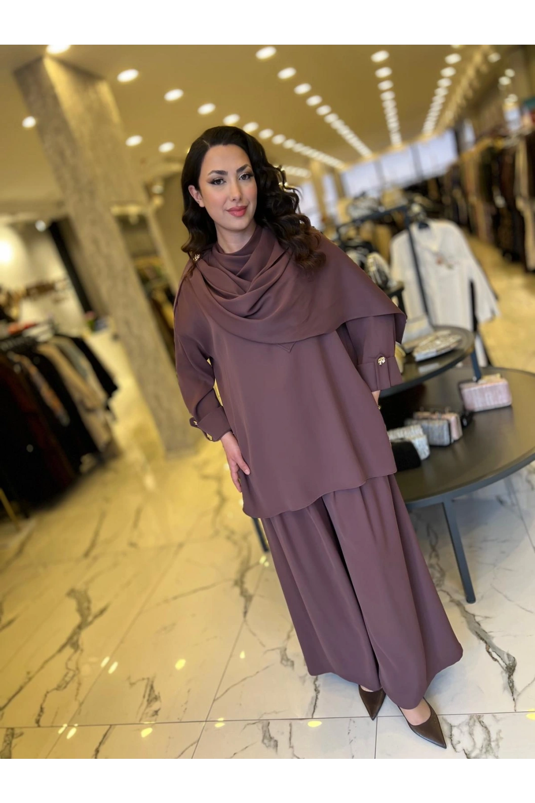 MY312-ÖNÜ ŞAL DETAYLI TAKIM KAHVE