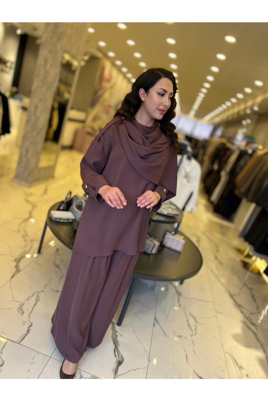 MY312-ÖNÜ ŞAL DETAYLI TAKIM KAHVE