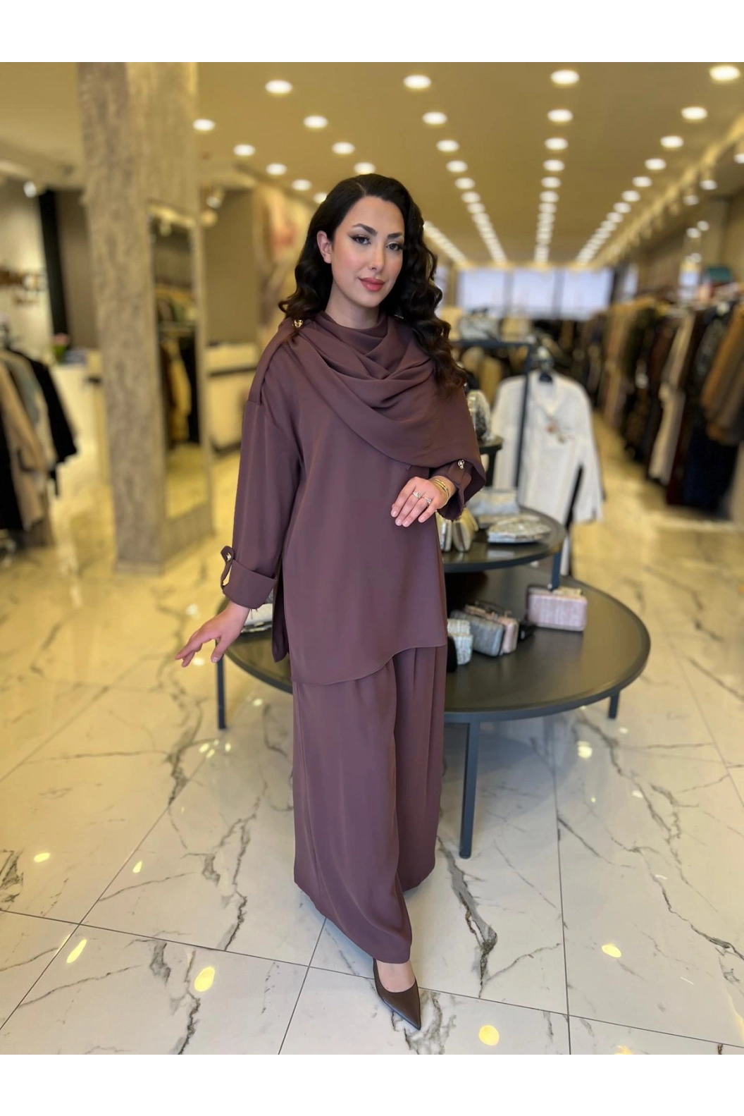 MY312-ÖNÜ ŞAL DETAYLI TAKIM KAHVE