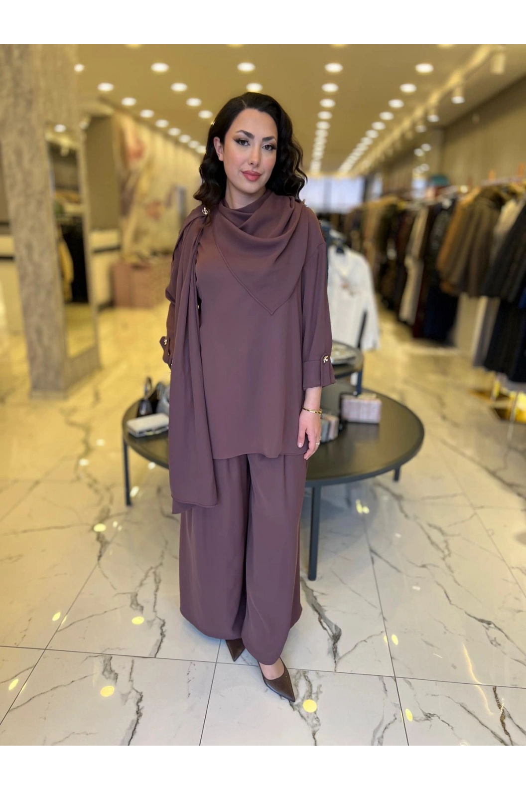 MY312-ÖNÜ ŞAL DETAYLI TAKIM KAHVE