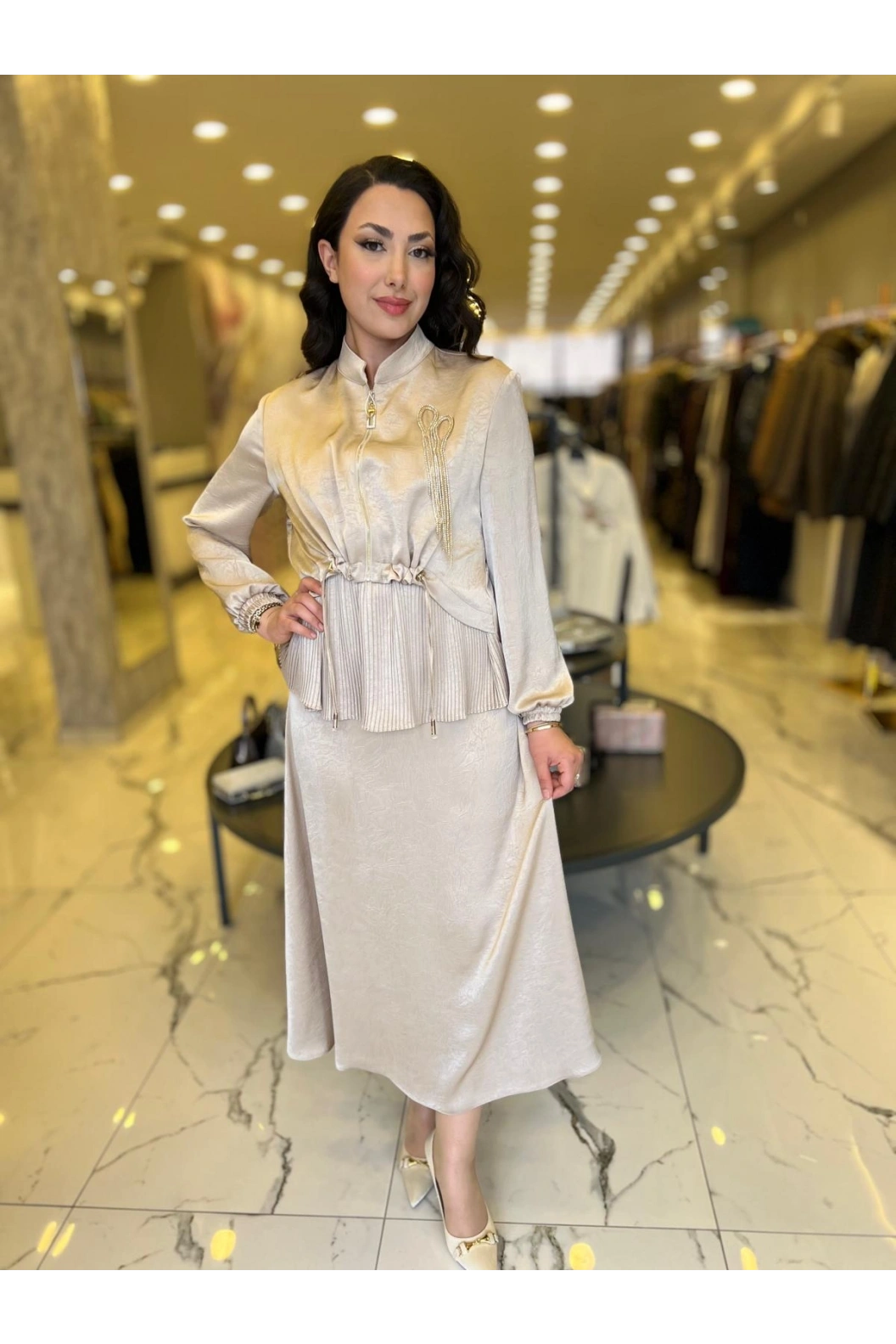 MATEKS-SATEN ETEKLİ TAKIM BEJ