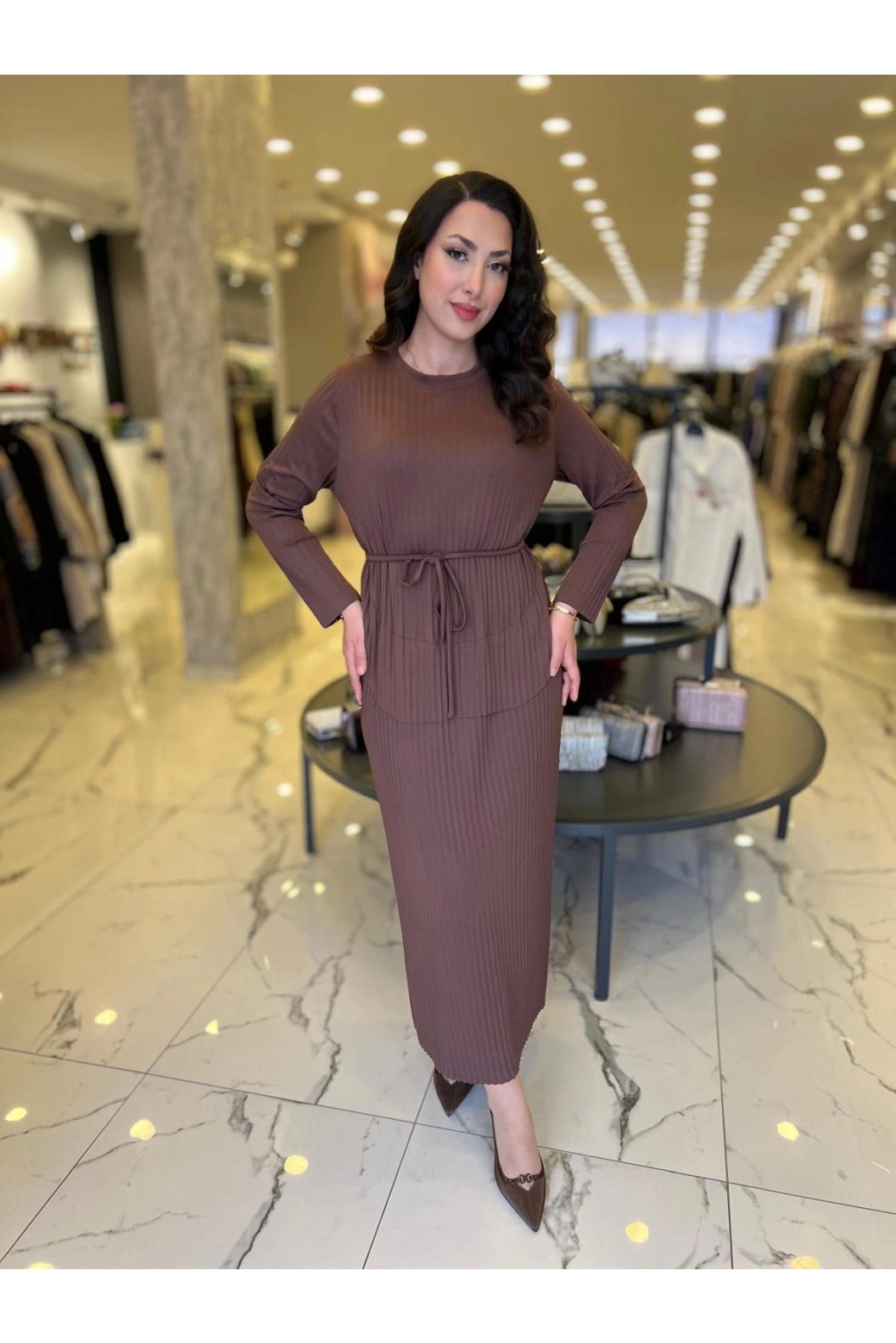 MY312-PLİSELİ ELBİSE KAHVE