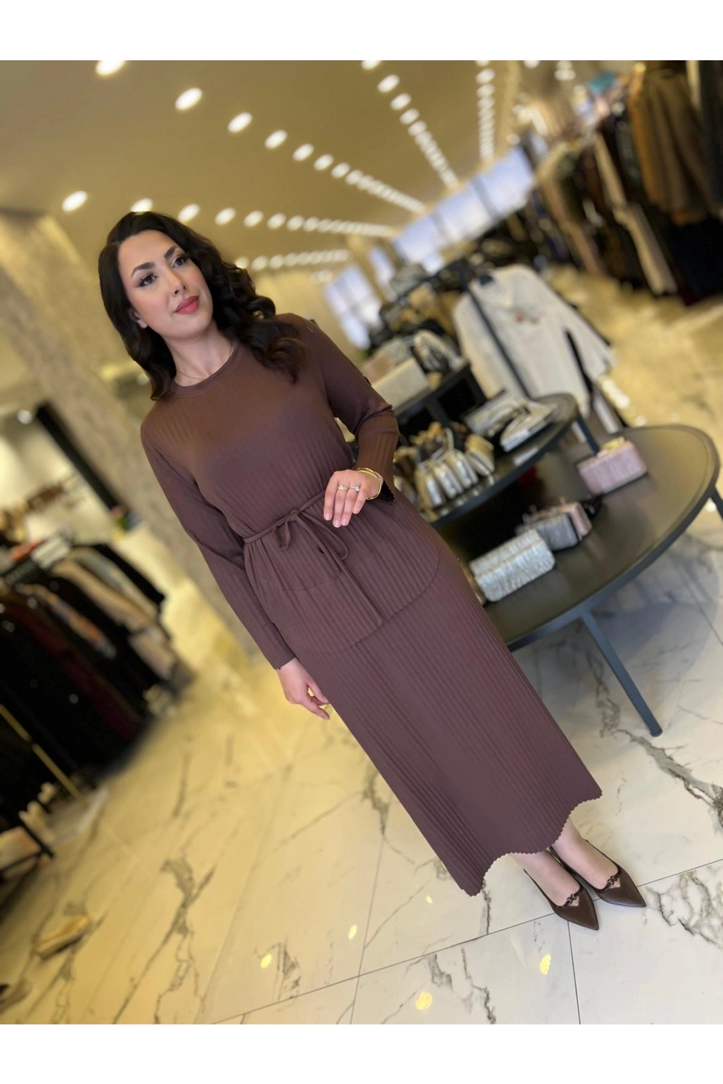 MY312-PLİSELİ ELBİSE KAHVE