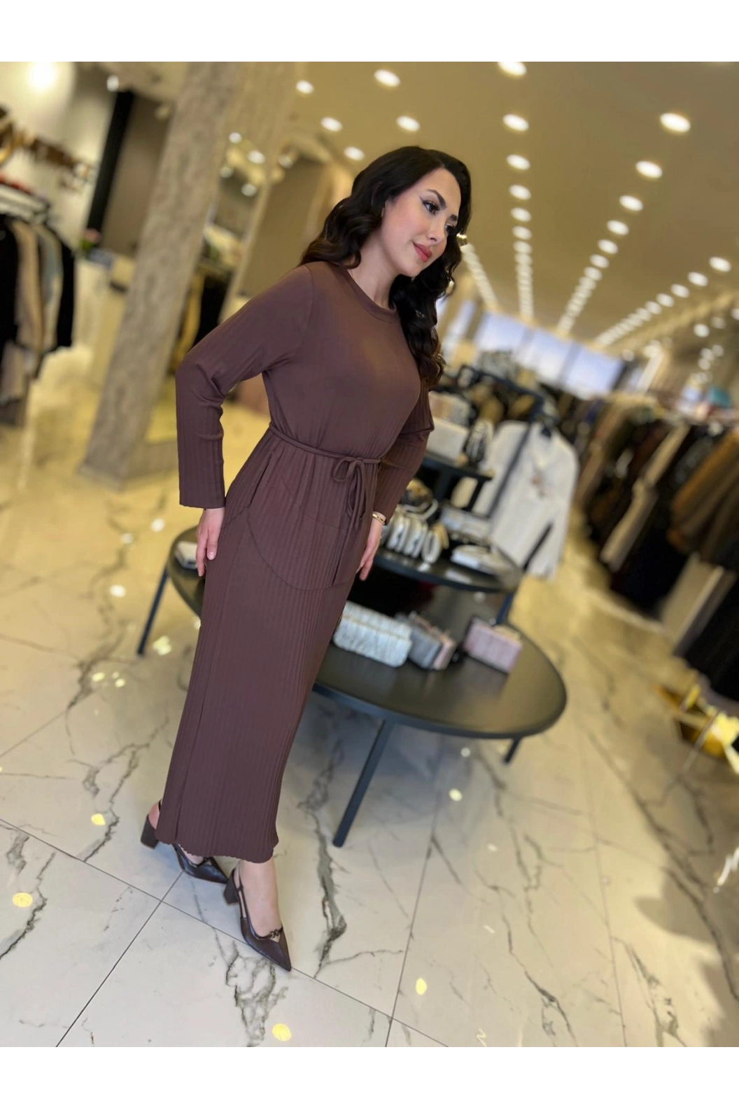 MY312-PLİSELİ ELBİSE KAHVE