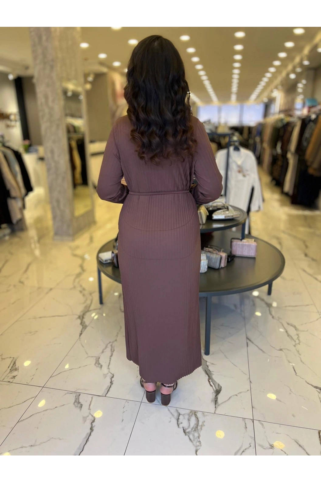 MY312-PLİSELİ ELBİSE KAHVE