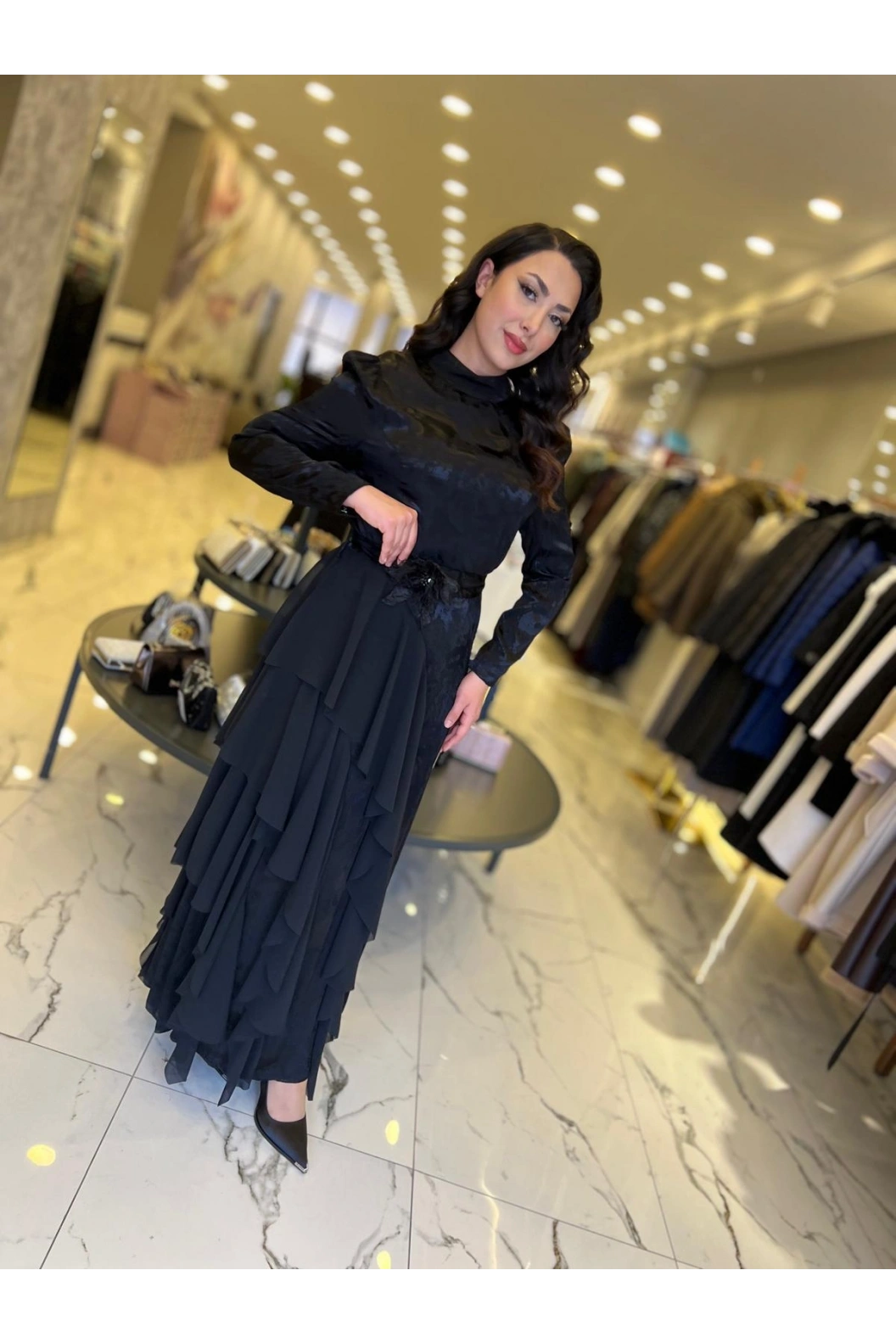 MY312-ŞİFON DETAYLI JAKAR ELBİSE SİYAH