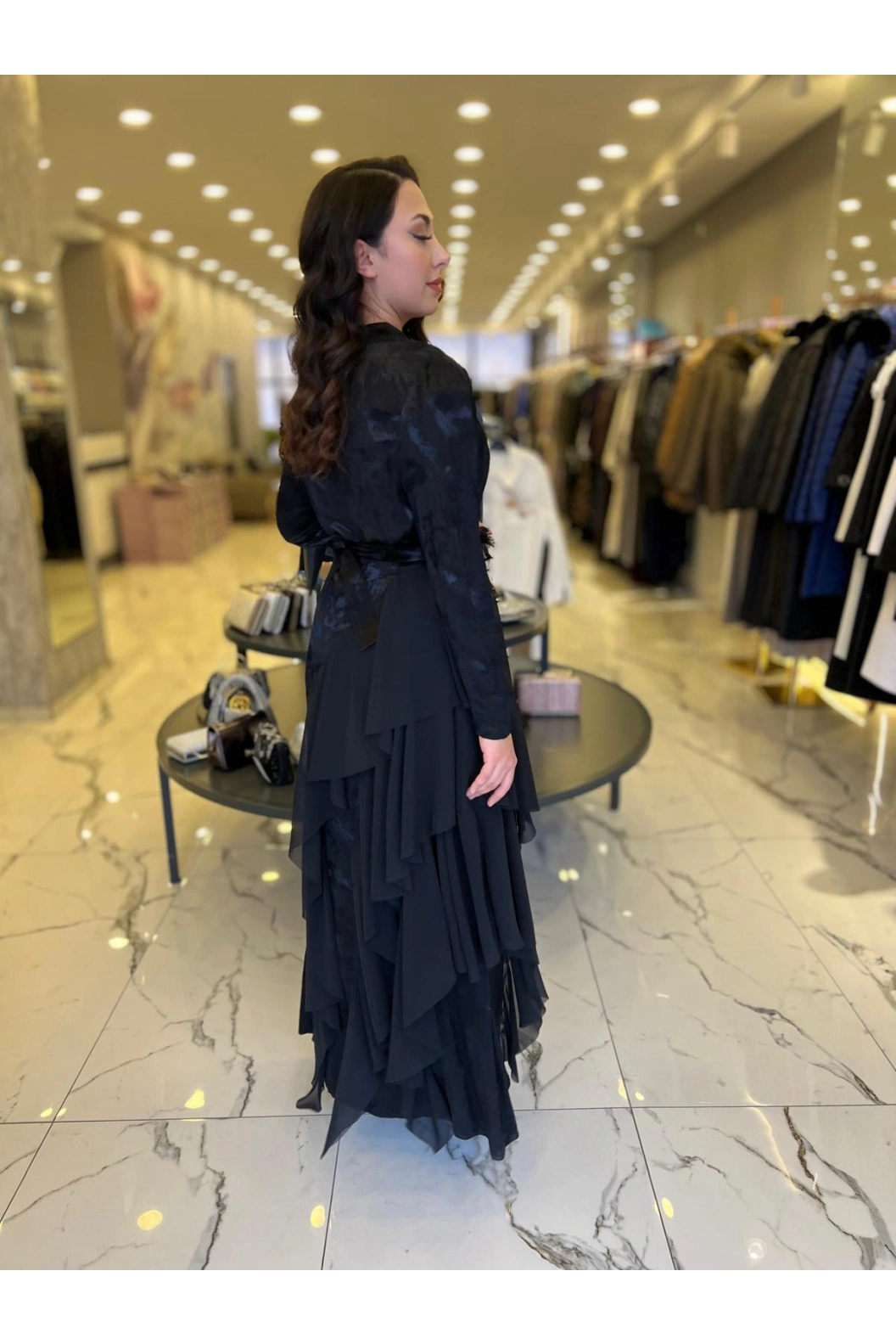 MY312-ŞİFON DETAYLI JAKAR ELBİSE SİYAH