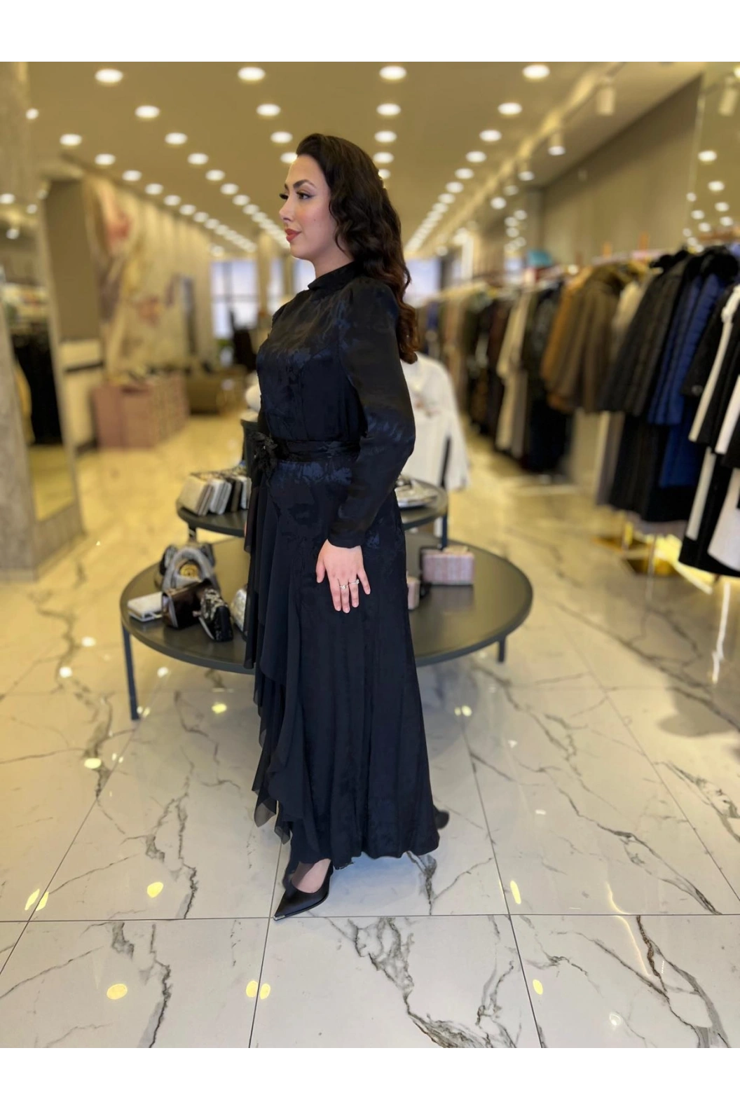 MY312-ŞİFON DETAYLI JAKAR ELBİSE SİYAH