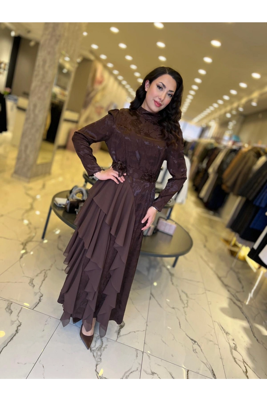 MY312-ŞİFON DETAYLI JAKAR ELBİSE KAHVE