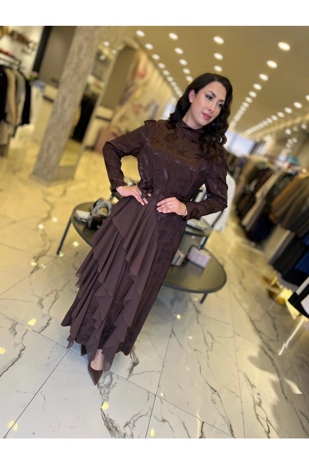 MY312-ŞİFON DETAYLI JAKAR ELBİSE KAHVE