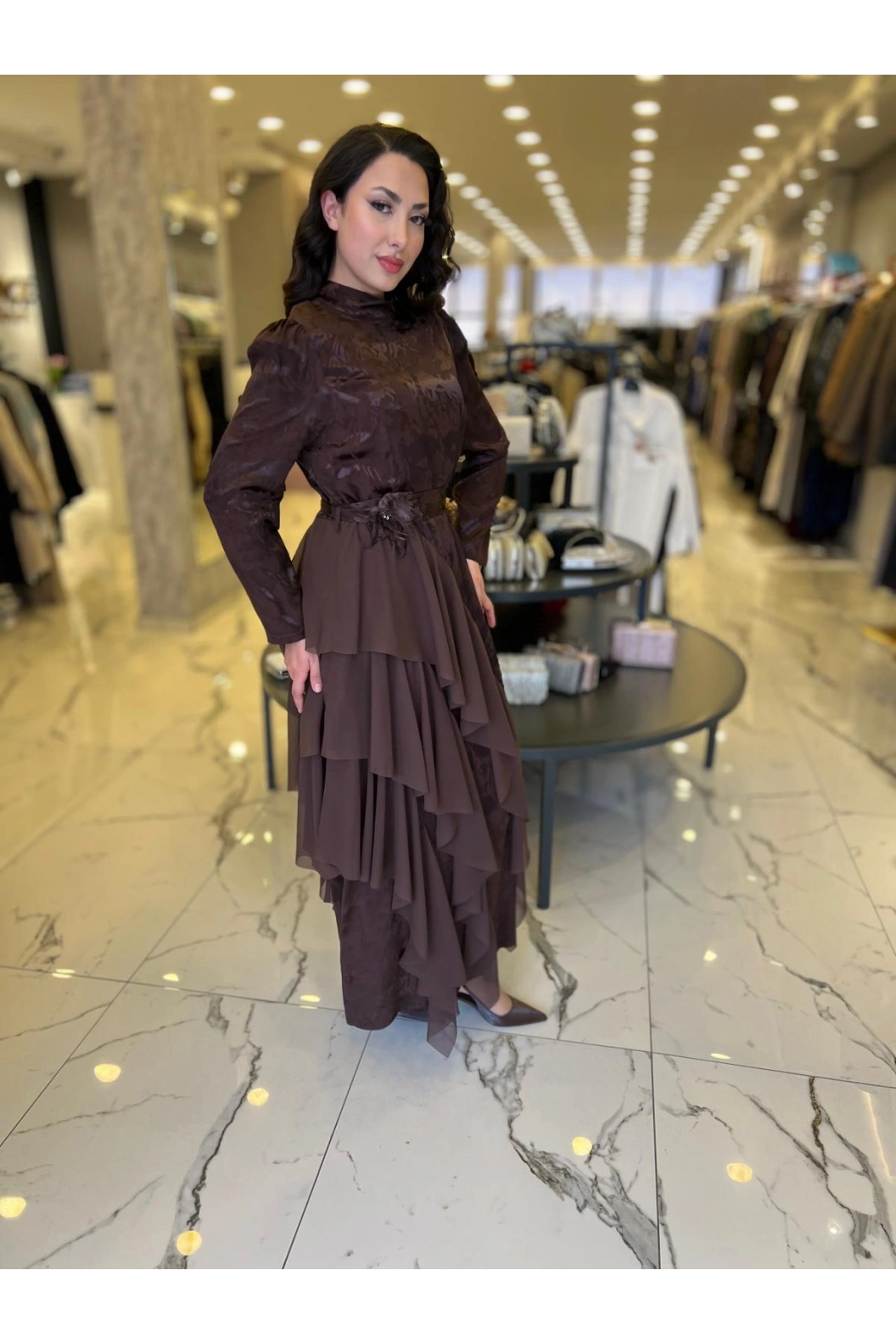 MY312-ŞİFON DETAYLI JAKAR ELBİSE KAHVE