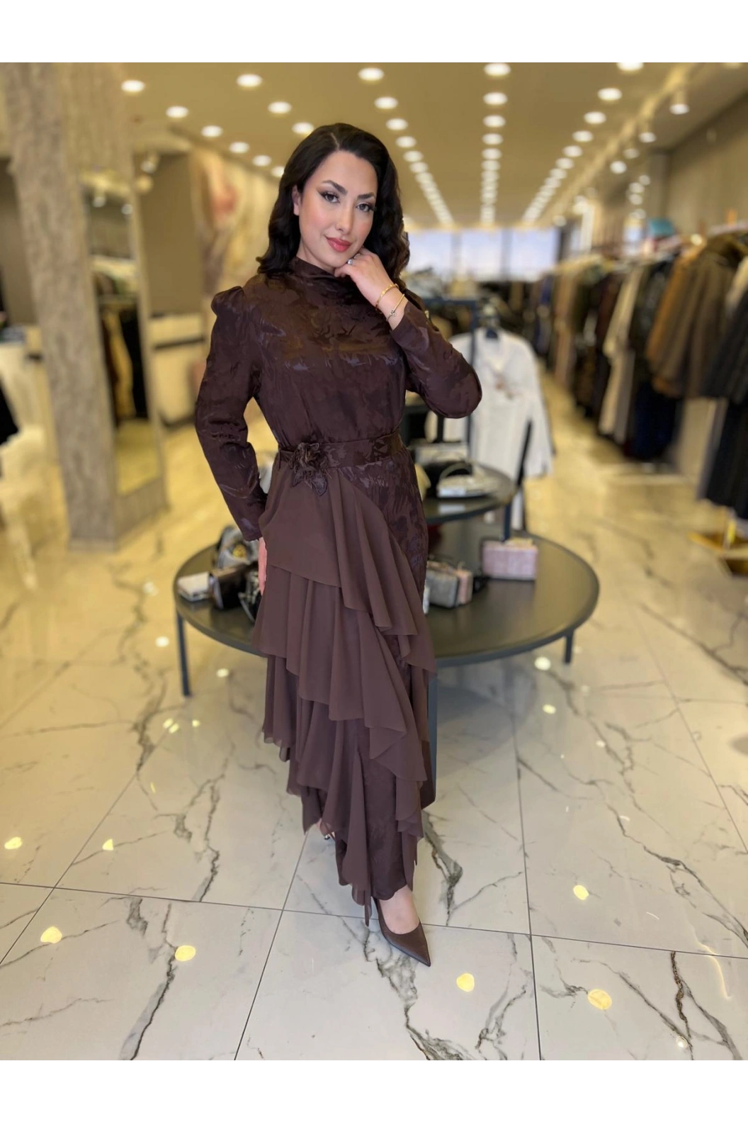 MY312-ŞİFON DETAYLI JAKAR ELBİSE KAHVE