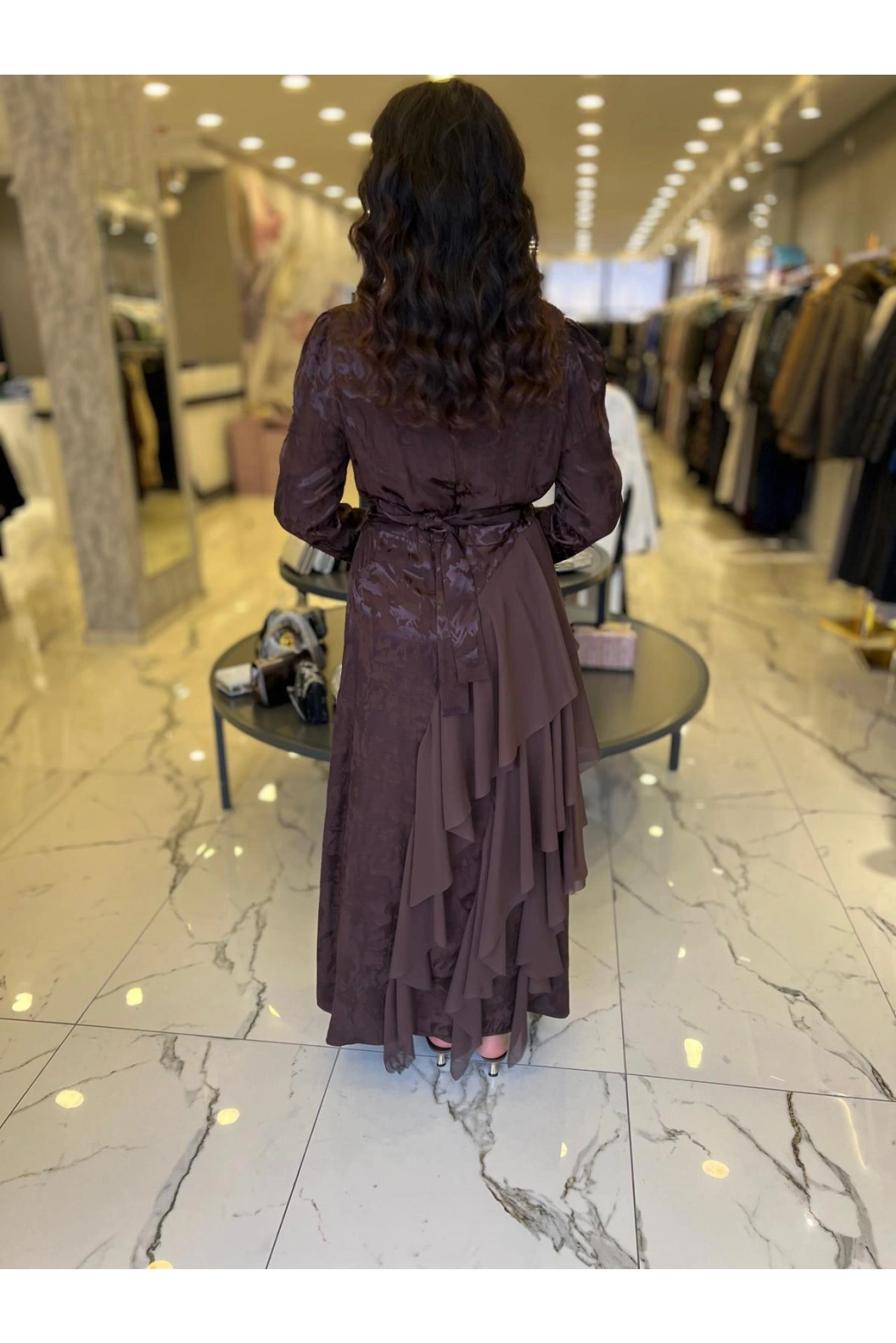 MY312-ŞİFON DETAYLI JAKAR ELBİSE KAHVE