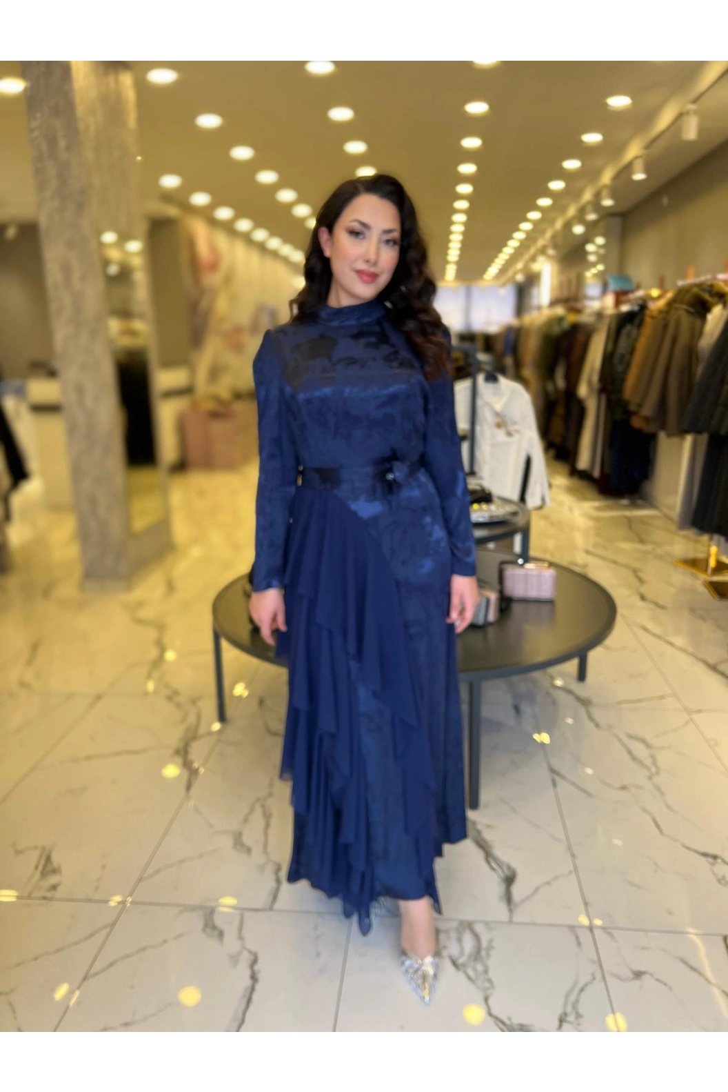 MY312-ŞİFON DETAYLI JAKAR ELBİSE LACİVERT