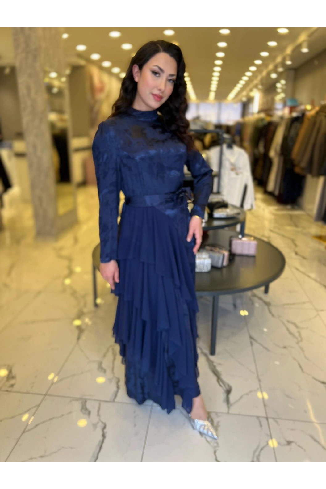 MY312-ŞİFON DETAYLI JAKAR ELBİSE LACİVERT
